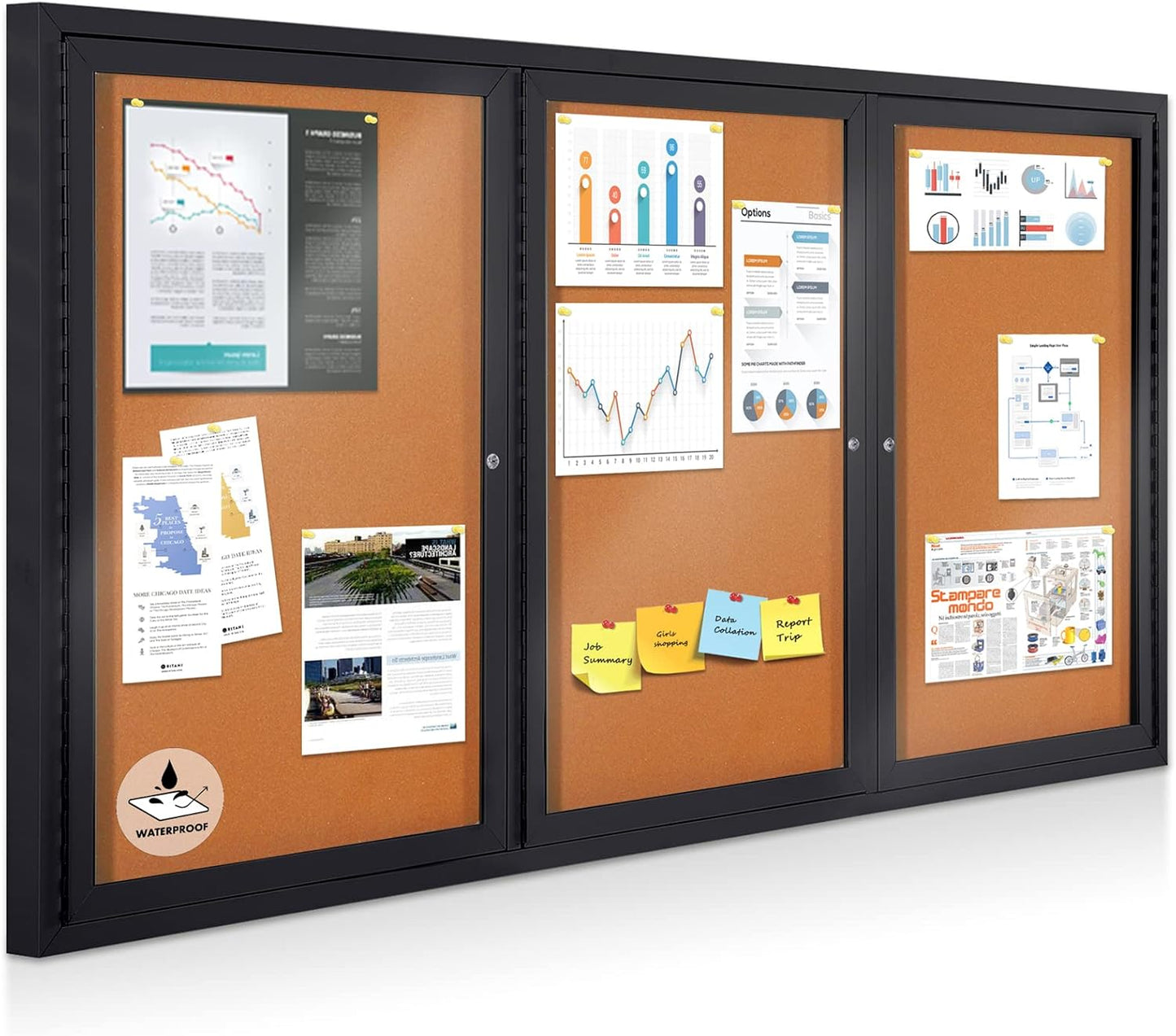 Enclosed Bulletin Board Outdoor Noticeboard with Locking Door, Weather-Resistant, Cork, Black Aluminum Frame, 70 x 36 in