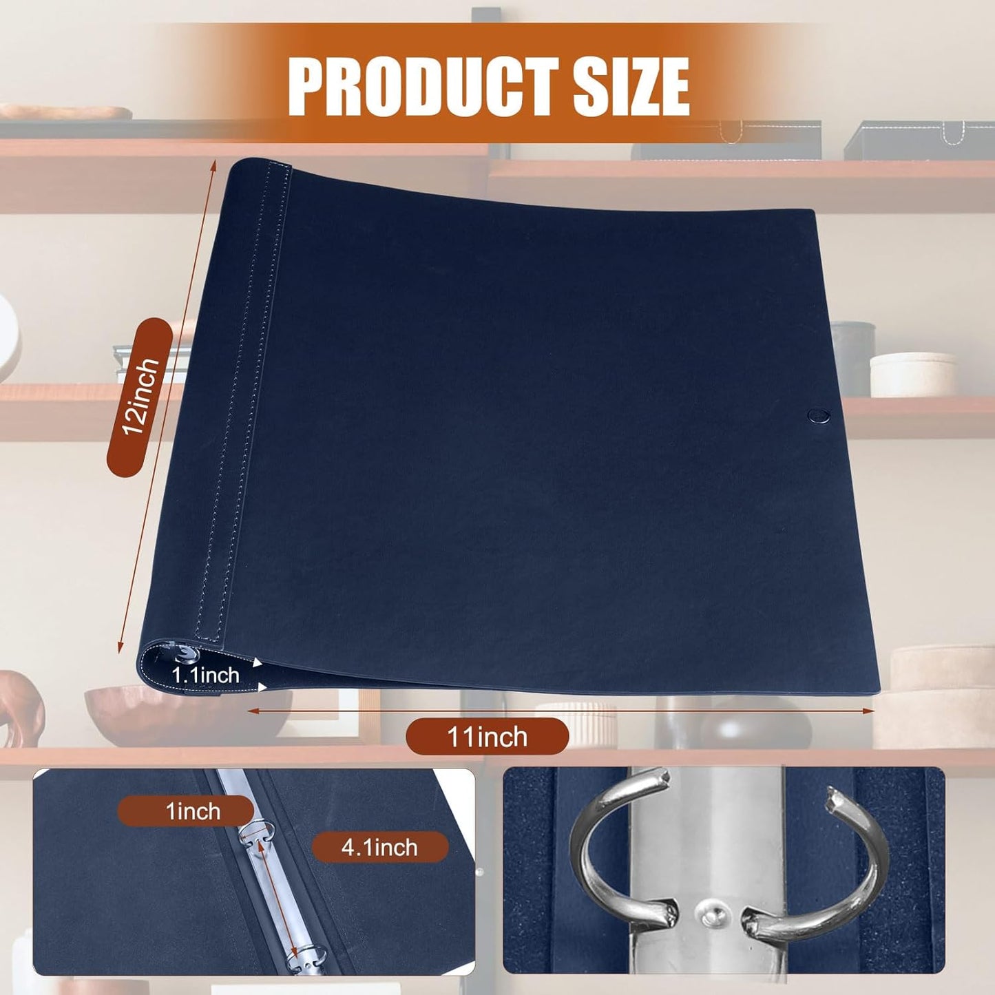Leather 3 Ring Binder Holds 8.5 x 11 Inch Paper Binder Organizer Vintage Faux Leather Portfolio Folder Planner for Office Home Document Photo Diary Supplies(Navy Blue)