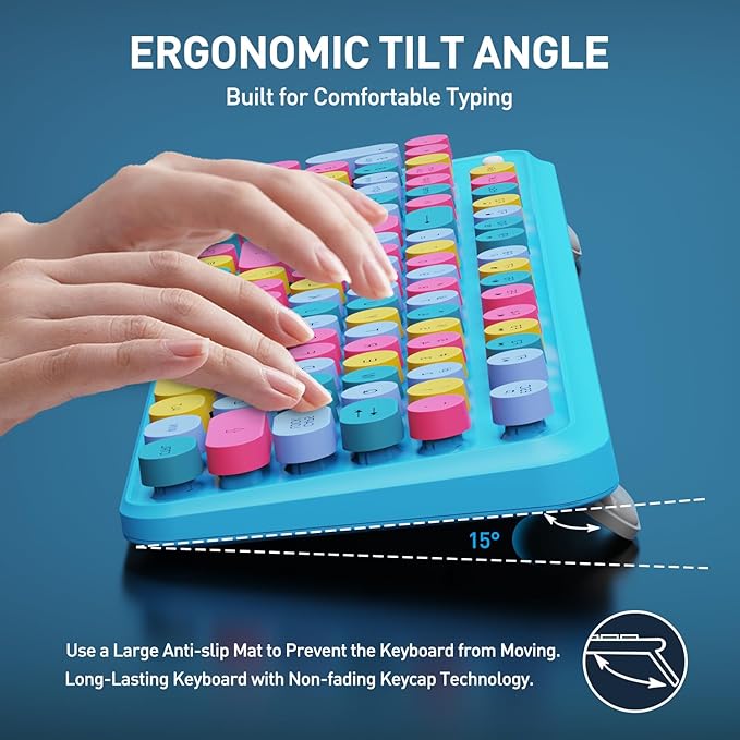 FOPETT Wireless Keyboard and Mouse Combo, 105 Keys Full-Sized 2.4 GHz Round Keycap Colorful Keyboards, USB Receiver Plug and Play, for Windows, Mac, PC, Laptop, Desktop (Blue Colorful)