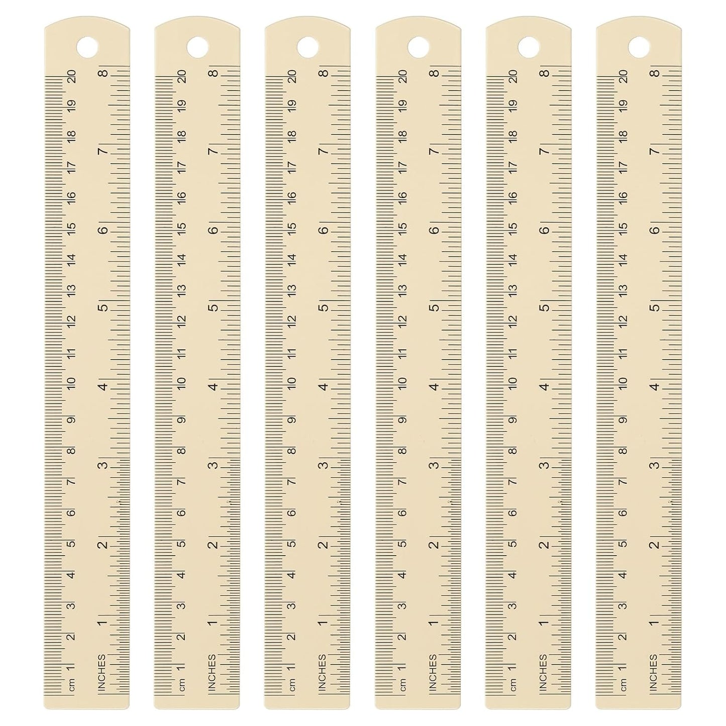 HARFINGTON 6pcs Metal Straight Ruler 20cm Metric SAE Aluminum Alloy Measuring Rulers Scale Tool with Hole for Measure Study Reading Classroom Office, Beige