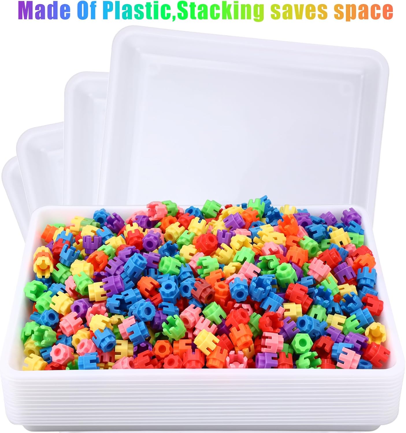 Maitys 15 Pcs Flat Plastic Trays 16.1 x 11.8'' Sensory Storage Tray Paper Stackable Classroom Bins for Office Home Organizer Arts and Crafts Supplies(White)