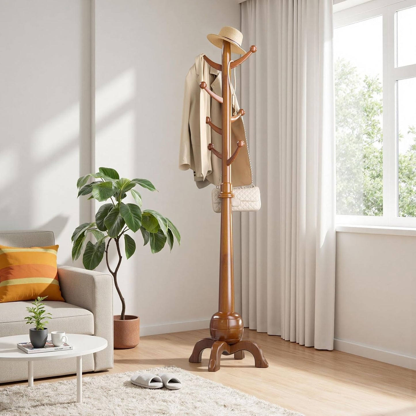 Wood Coat Rack Freestanding, Solid Wooden Hall Tree with 8 Hooks, Coat Tree Freestanding Heavy Duty with Stable Base, Entryway Hallway Bedroom Office Use, 240lbs Load Capacity H:71.6in (Natural)