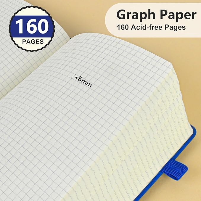 PERCUN Graph Paper Notebook, 160 Pages Grid Journal for women & men, A5 Hardcover Leather Graphing Notebook for School, Work, Travel, Note Taking 5.9”x8.5” (Navy)