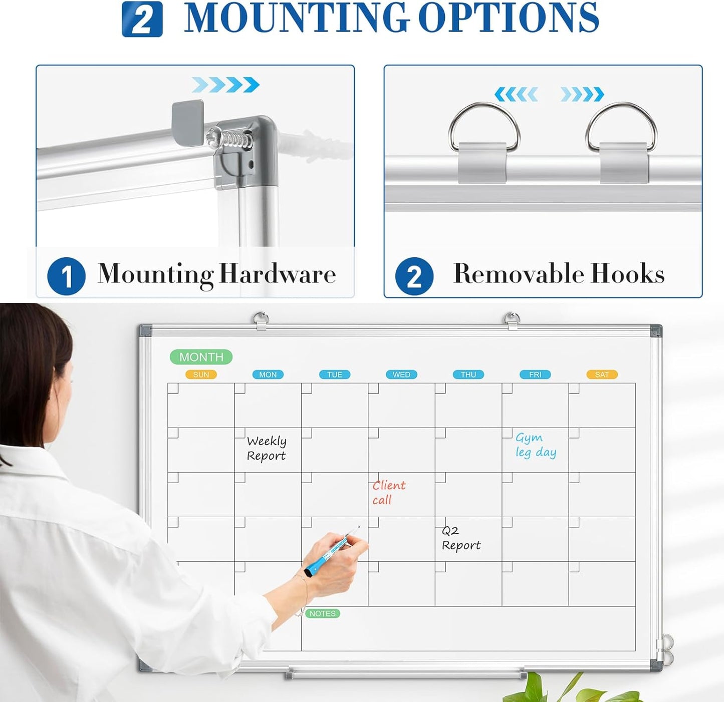 WALGLASS Dry Erase Calendar Whiteboard for Wall, 36" x 24" Double-Sided Monthly Calendar White Board with Silver Aluminum Frame, Hanging or Wall Mount Large Whiteboard for Home, Office, School