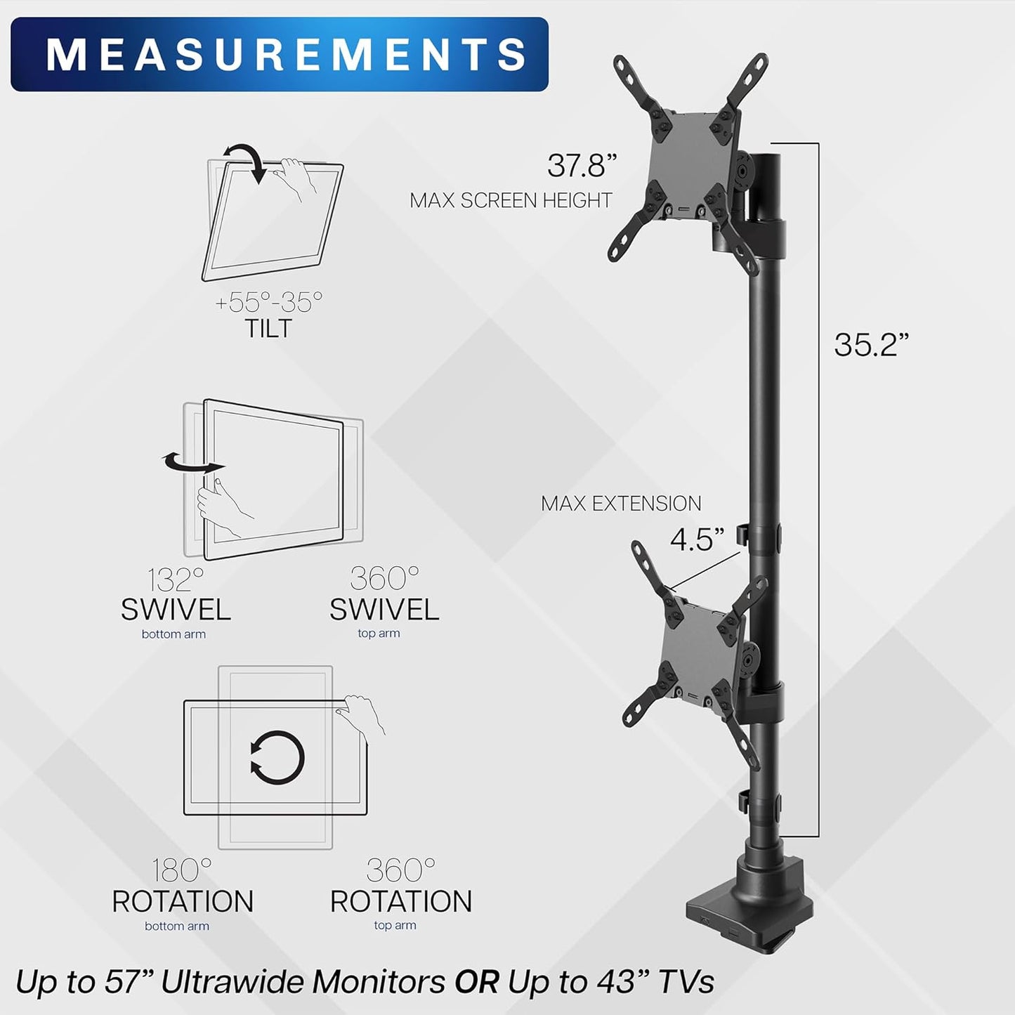 VIVO Dual Vertically Stacked Ultra-Wide Monitor Desk Mount for up to 57 inch Screens, Heavy Duty Adjustable Stand for 2 Ultrawides, 59.4 lbs Capacity, Black, STAND-V257R