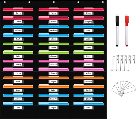 REGELETO 36 Pockets File Storage Pocket Chart with 36 Nametag Pockets, Hanging Wall File Organizer for Classroom and Office, Organize Your Assignments, Files, Scrapbooks, Paper (Black-36 Pockets)