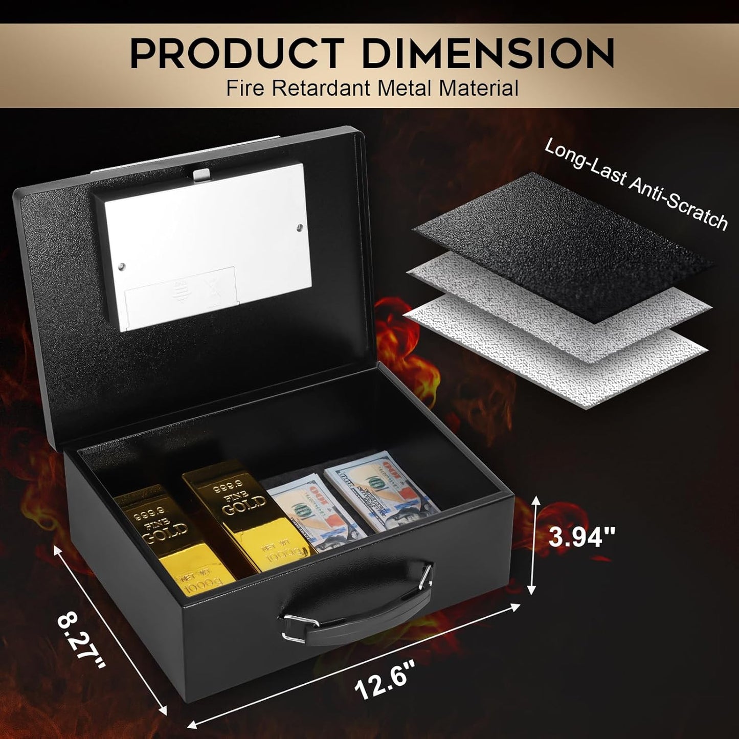 Dalmbox Portable Metal Safe Box with Digital Code Lock,Fire Resistant Storage for Documents, Fireproof Safe Box, Car, Home, Office and Outside, Black Box， Medium