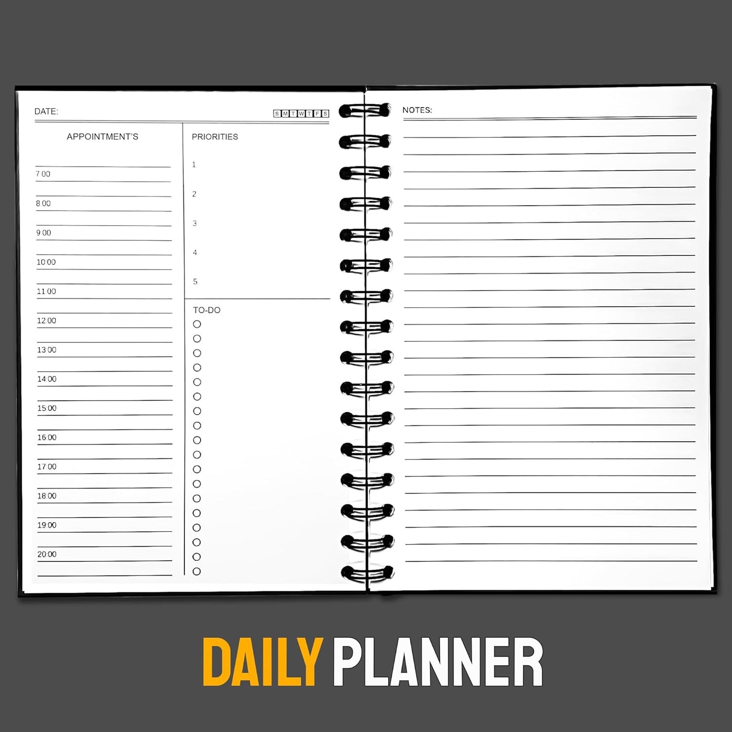 Undated Daily Planner Notebook With Hourly Schedule - Hardcover Appointment Day to do List Notebook for Women & Men - A5(5.7" x 8.3") Spiral Black