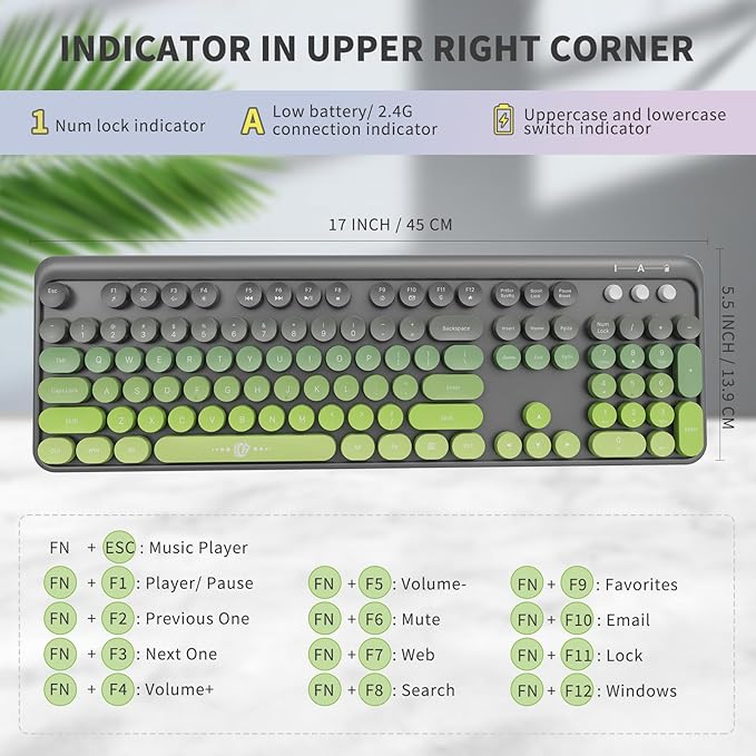 Wireless Keyboard and Mouse Combo, 104 Round Keys Cute Colorful Keyboard and Mouse with Retro Typewriter for PC/Mac/Laptop/Tablet/Computer/Windows Gray Green