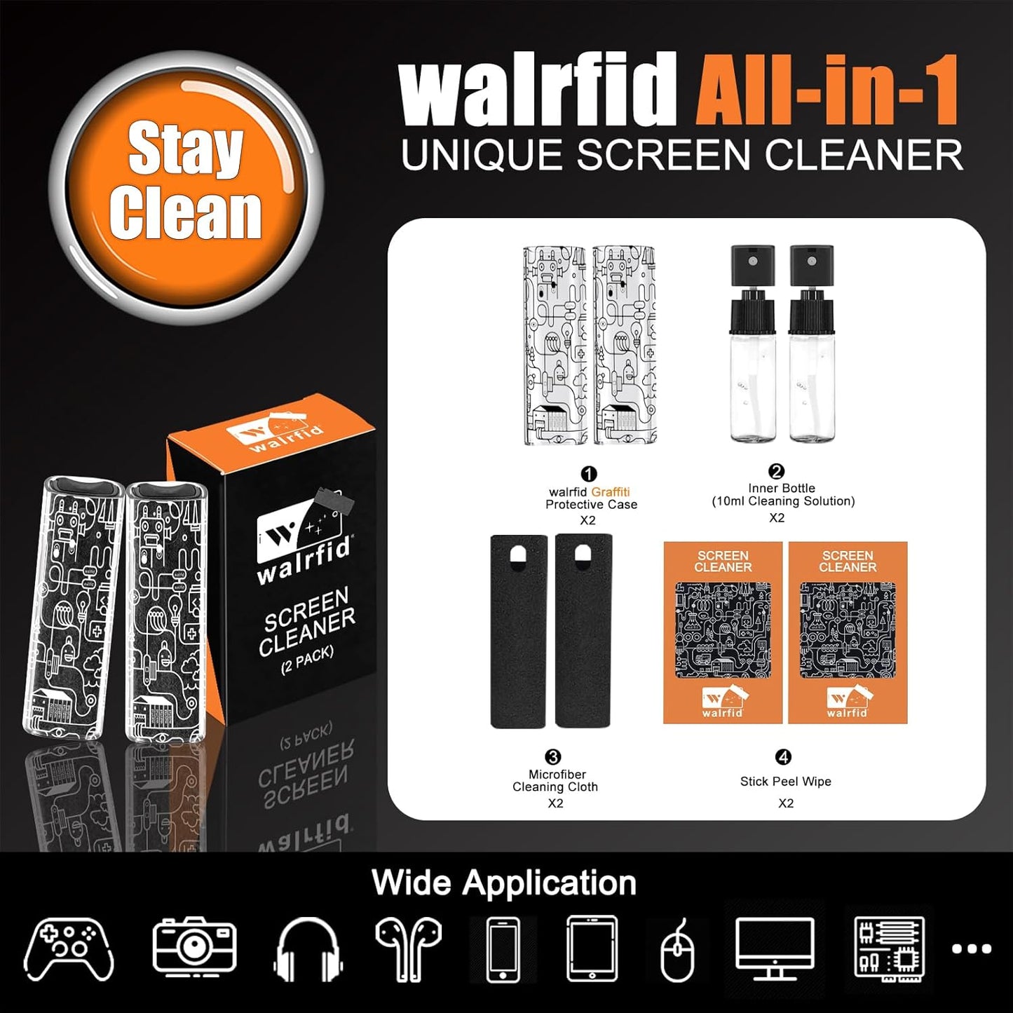walrfid 2 Pack Car Screen Cleaner, Computer Screen Cleaner Spray and Wipe, Laptop Cleaning Mist Kit for Electronic iPad, iPhone, Phone, MacBook, TV, Monitor, Tablet Display, with Graffiti Case, Black