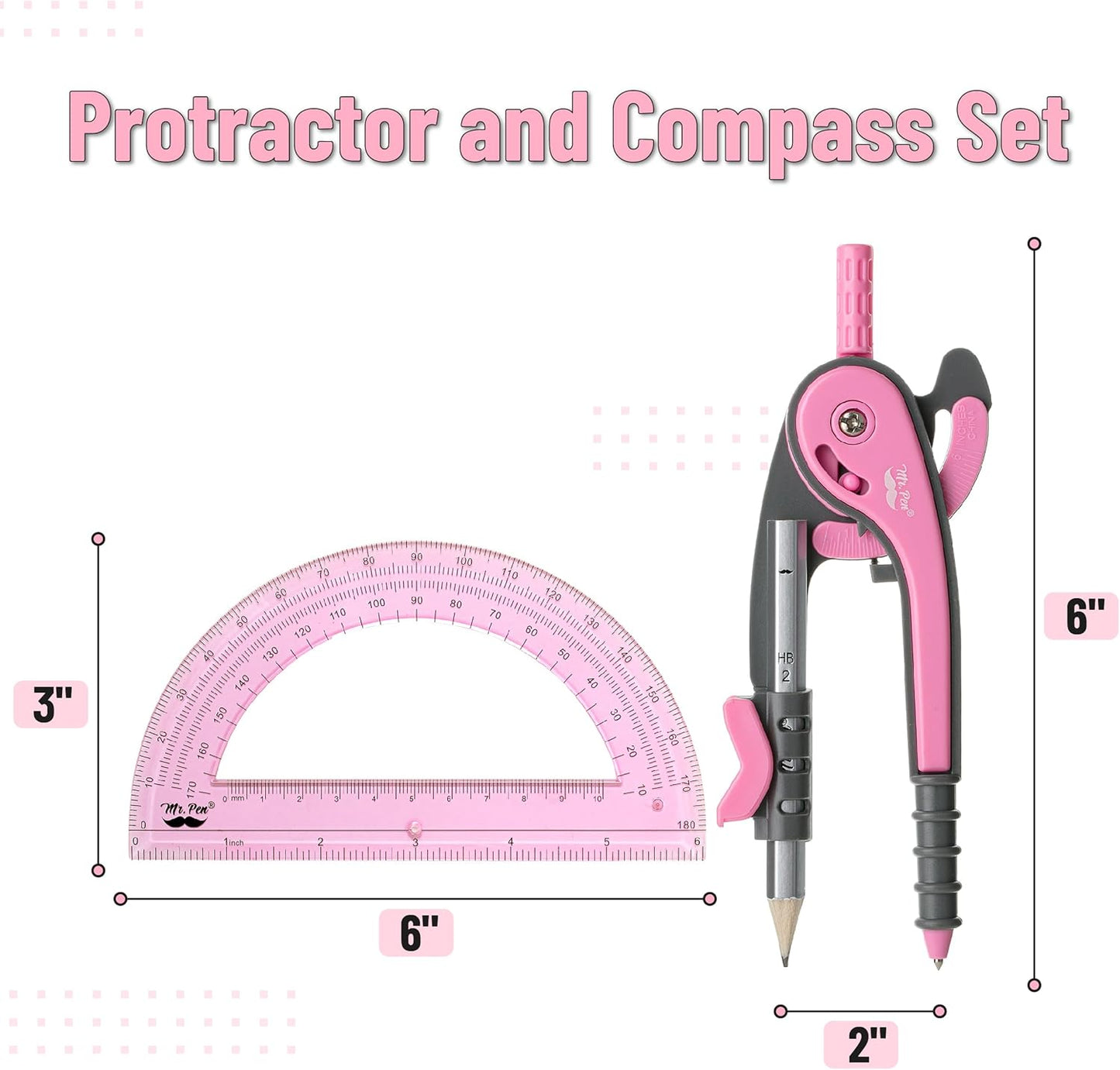 Mr. Pen- Compass and Protractor Set, Rogue Pink, Compass Geometry Tool, Protractor and Compass Set, Compass Drawing Tool, Drawing Compass, Geometry Compass, Back to School Supplies