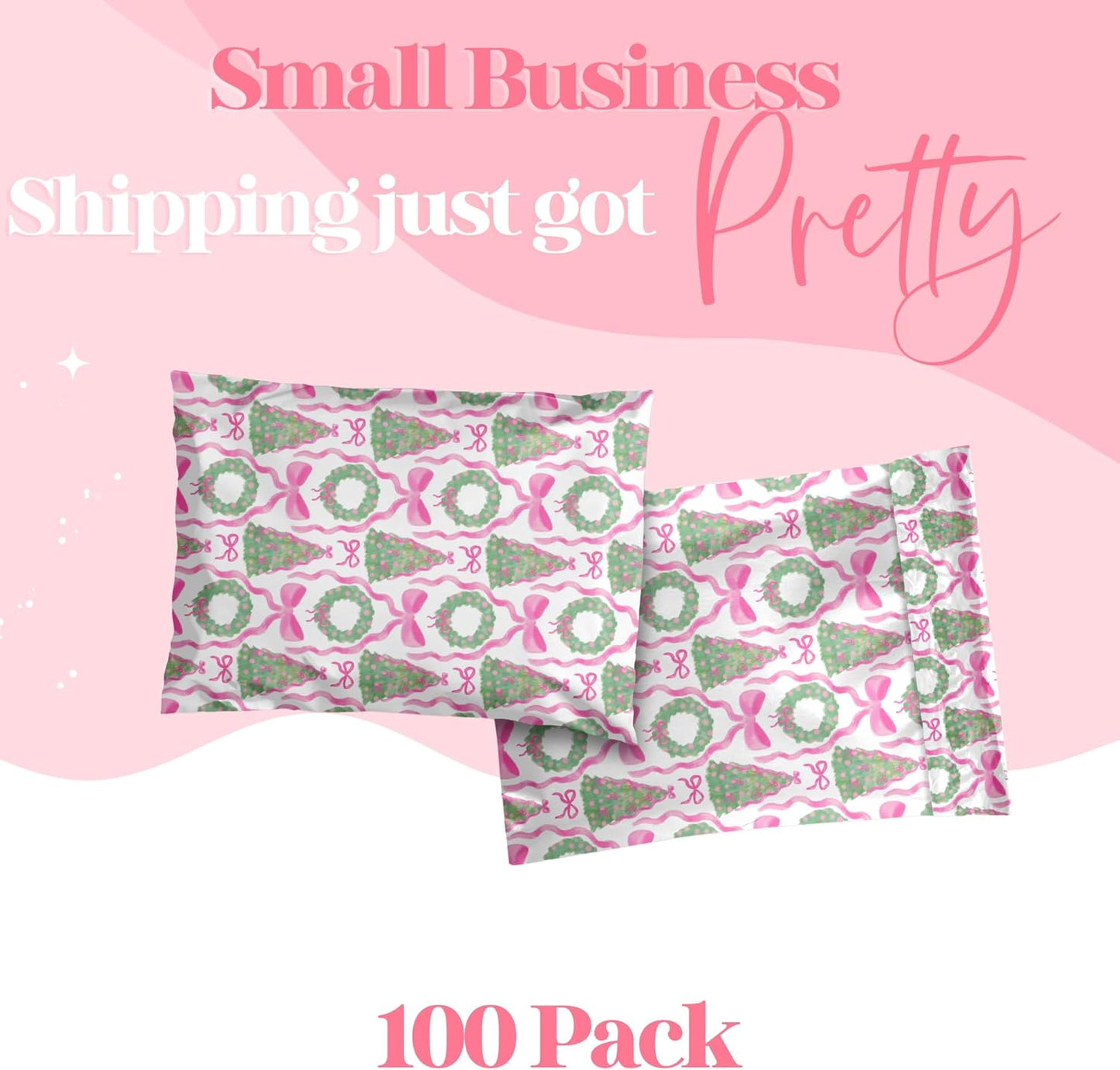 14.5x19 Designer Poly Mailer 100 Pack Heavy Duty Waterproof Self Seal Shipping Bags for Small Business Large Mailing Envelopes Bulk Tear Resistant Packaging Coquette Christmas Holiday Bows