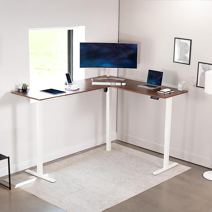 VIVO Electric Corner L-Shaped 75 x 63 in Standing Desk, Memory Height Adjustment, Dark Walnut Top White Frame, DESK-E3CTWD-75