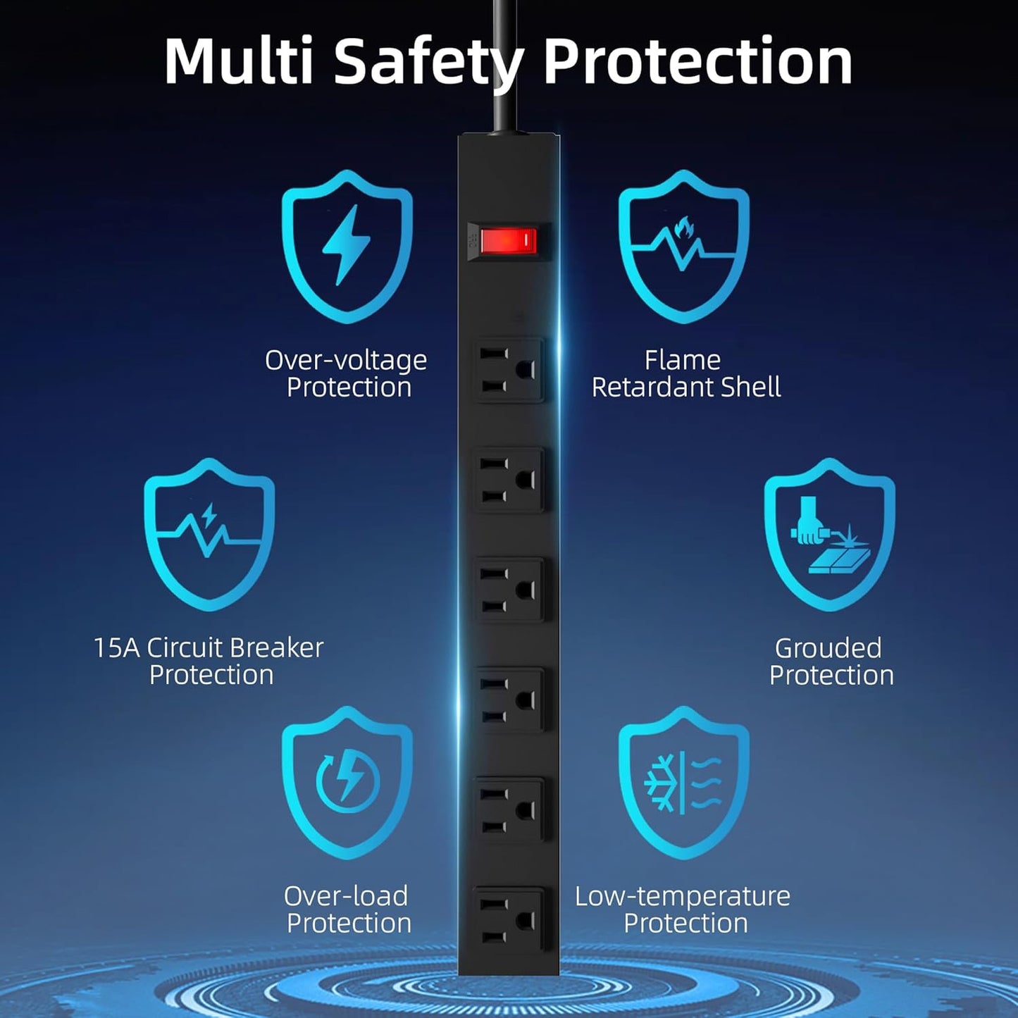 6 Outlet Power Strip with Wide Spaced and 10FT Power Cord,Wall Mount Metal Industrial Power Strip Heavy Duty for Commercial,Garage,School and Home,15A 125V 1875W,Black(10FT)