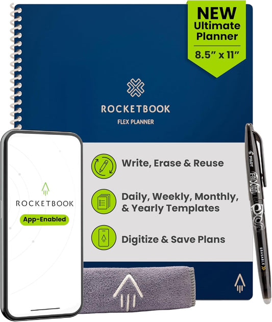 Rocketbook Flex Planner, Reusable Undated Smart, Letter Size 8.5x11 in Navy Blue – Daily, Weekly, Monthly, Annual Calendar, Tasks, Goals, Scheduling, Productivity, App Connected, Erasable, Durable Cover