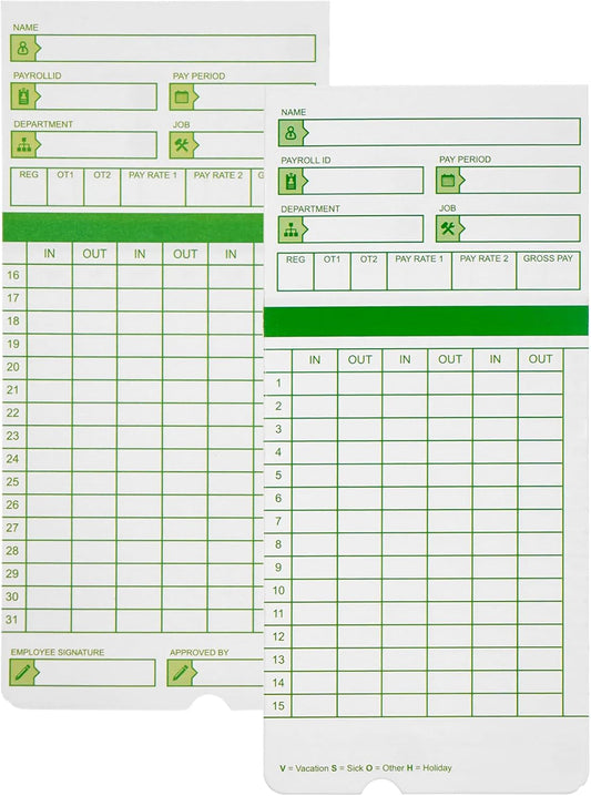 Time Cards for Employees Monthly,Numbered Days,All Pay Periods, 50 Count,2-Sided, 3 3/8" x 7 3/8",Green Print,Timecards for Time Clocks