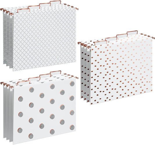 Y YOMA 12 Pack Rose Gold Hanging File Folders Letter Size Decorative File Folder Cute Pretty Hanging Folder Organizer for Filing Cabinet Office Home with 1/5-Cut Adjustable Tabs, 3 Gold Foil Design