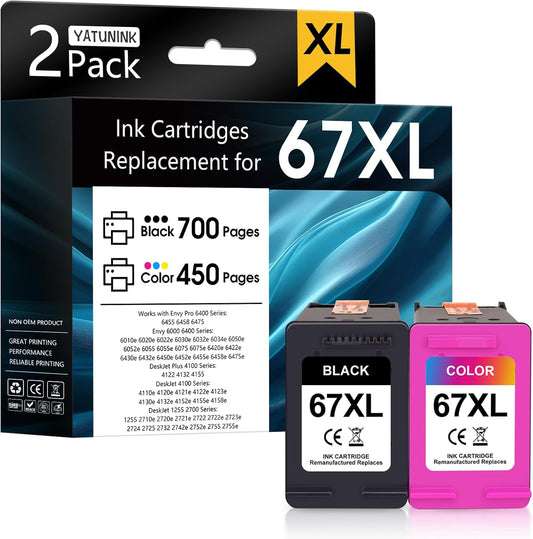 67XL 67 Ink Cartridges Black/Color Combo Pack Compatible for HP Ink 67 67XL Printer Ink Works with Envy 6455e 6400 6155e 6055e 6000 Deskjet 4255e 4155e 4100e 2755e 2700 (Black, Color) 2Pack