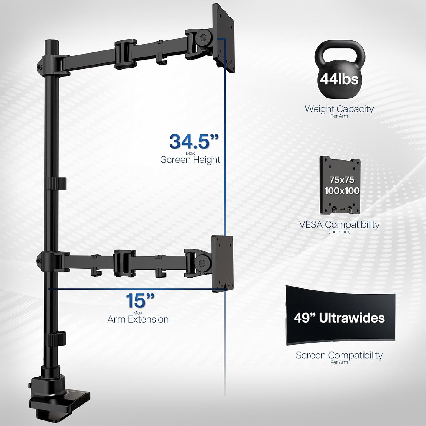 VIVO Dual Ultra-Wide Monitor Extra Tall Desk Mount for up to 49 inch Ultrawides, Clamp-on Adjustable Stand Holds 44 lbs per Screen, VESA up to 100x100mm, Black, STAND-V120T