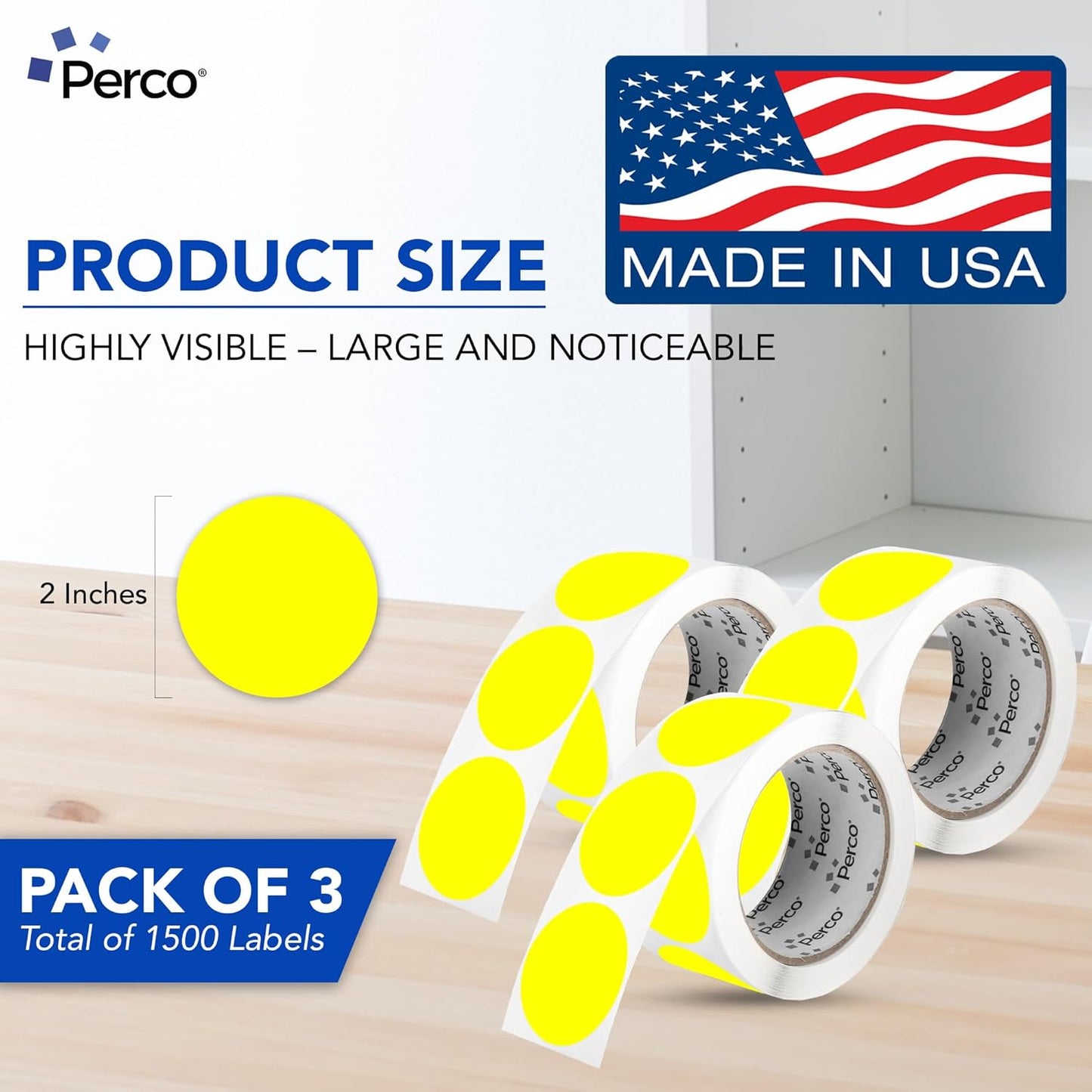 Perco Fluorescent Yellow 2-Inch Round Circle Dot Sticker Labels - Multi-Roll Pack (3 Rolls, 500 Labels Each) - Permanent Adhesive, Vibrant Colors, Strong Hold - Perforated for Easy Use - Made in USA