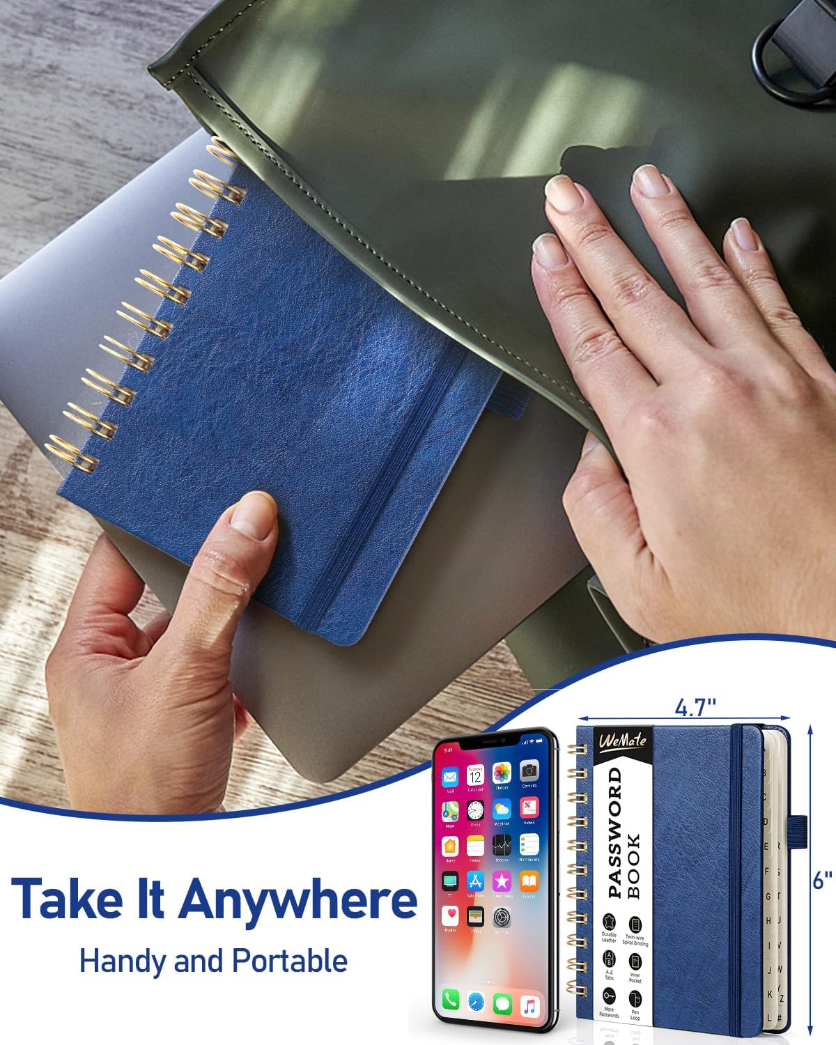 WEMATE Password Book with Alphabetical Tabs, Spiral Password Keeper Book for Seniors, Internet Password Notebook Password Journal Logbook Log in Detail, Small – 4.7''x 6'' (Navy Blue)