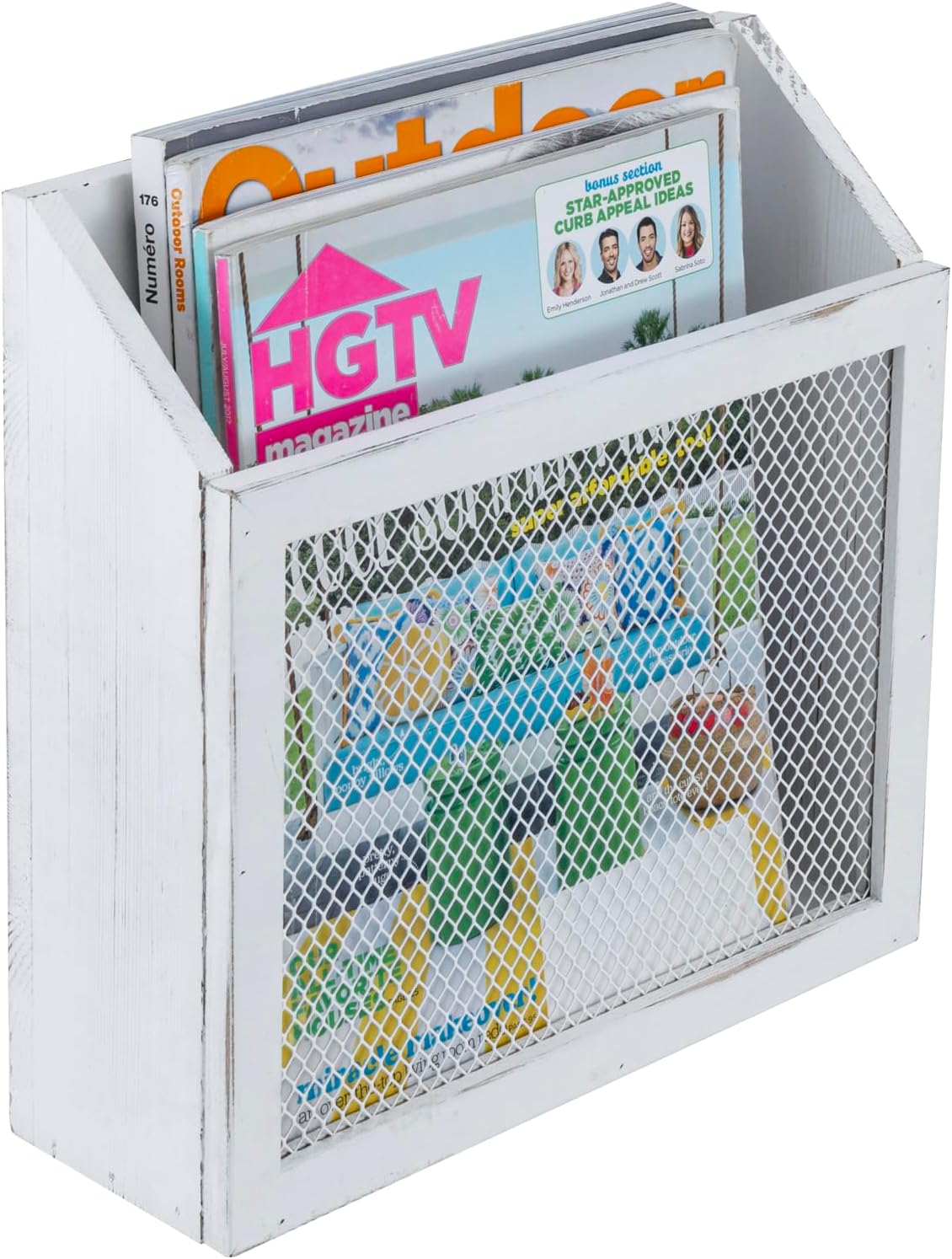 MyGift Rustic Magazine Holder Vintage White Wood and Chicken Wire Design Wall Mounted/Tabletop Mail Sorter, Farmhouse Home, Bathroom, Office Magazine Rack