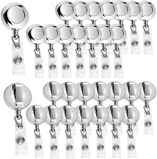 30 Pack Badge Holders, Silver Retractable Badge Reels, Durable Metal Spring Clip (Silver) - 24 Inch Retractable Cord Lanyard