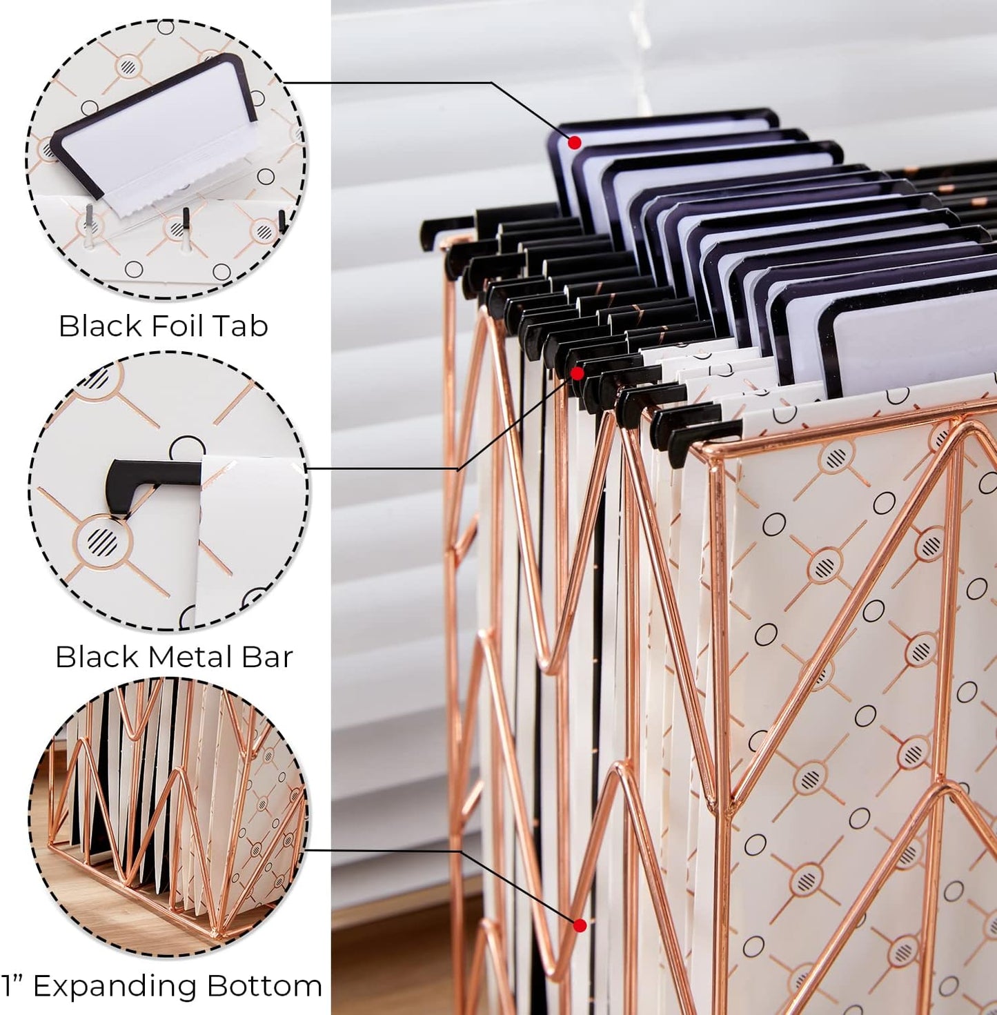 Y YOMA 12 Pack Decorative Hanging File Folders Letter Size Rose Gold File Folder Pretty Hanging Folder Organizer for Filing Cabinet Office Home with 1/5-Cut Adjustable Tabs, 3 Black Foil Design