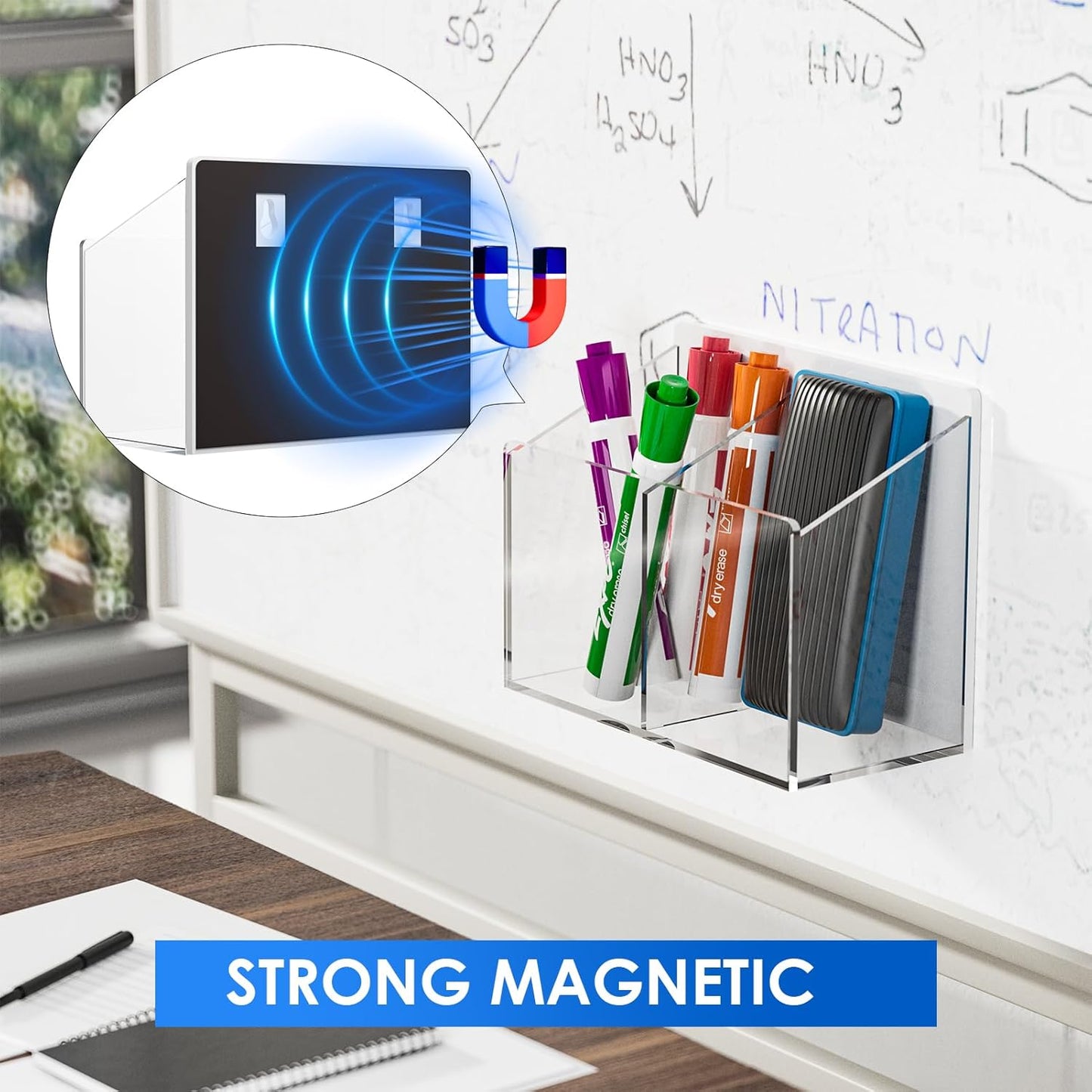 MaxGear Magnetic Marker Holder, Clear Acrylic Pen Organizer with 2 Compartments for Fridge, Locker, Whiteboard & Wall Pencil Cup - Includes Screws for Dry Erase Board Accessories