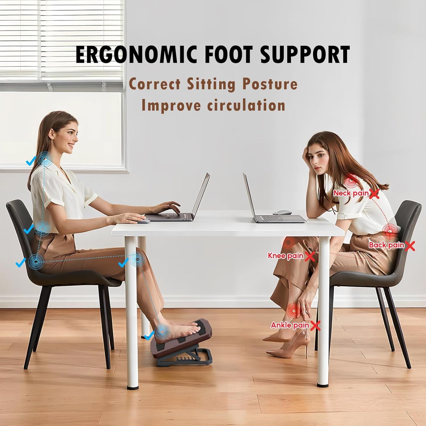 Foot Rest for Under Desk at Work, Ergonomic Wooden Desk Foot Rest with 7 Adjustable Angles, Anti-Slip Footrest Comfortable Foot Stools for Office Leg Rest, No Assembly