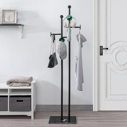 Free Standing Coat Rack with Marble Base & 8 Hooks Heavy Duty Clothes Rack for Entryway Bedroom Living Room Hotel 14.96 x 10.24 x 68.9 Inches (Black)