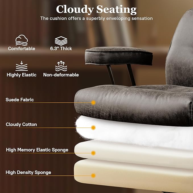 Mid Century Modren Big and Tall Office Chair,Large Ergonomic Executive Chair for Heavy Duty People, Computer Desk Task Chair with Wheels, Faux Lether Fabric Wide Chair for Home Sturdy,Grey