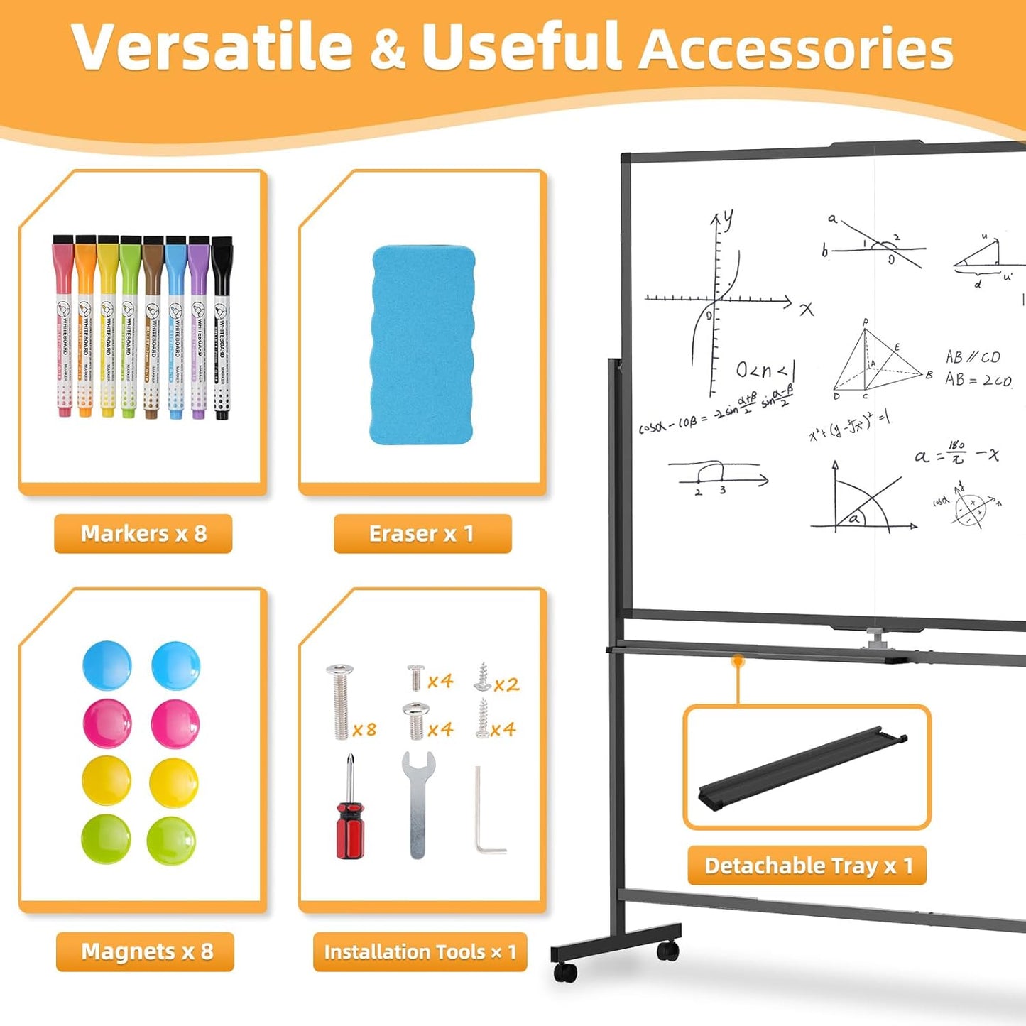 WALGLASS Rolling Whiteboard on Wheels, 60"x48" Double-Sided Dry Erase White Board with Stand, Large Magnetic Whiteboard, Big Portable Standing Black Boards for Office, School, Home, Classroom 5x4 ft