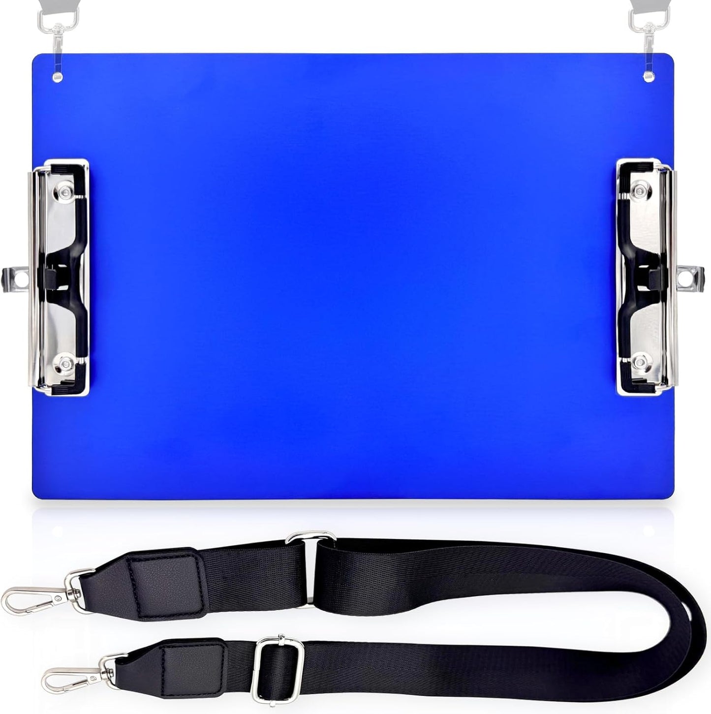Aluminum Metal Clipboard with Detachable Adjustable Shoulder Strap A4 Double Clip Board Stainless Hangable w/Pen Holder Letter 9" x 12.6" for School Office Business Factory (Blue-with Strap, A4)