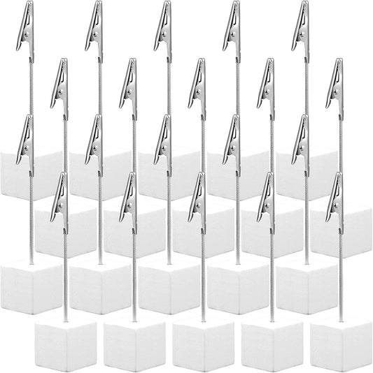 20 Pcs Cube Base Memo Clip Holder with Alligator Clip Wood Table Number Holder Cube Base Place Card Stand Mini Photo Menu Stand for Displaying Number Card(White)