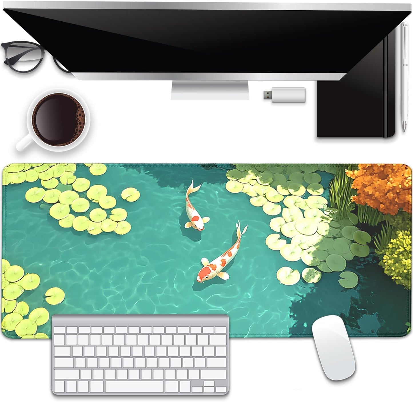Koi Carp Fish Desk Pad Mouse Pad,Large Gaming Mouse Mat with Stitched Edges,Non-Slip Rubber Base Mousepad for Office PC Keyboard Laptop and Home Work Desk Mat(27.5X11.8 in)