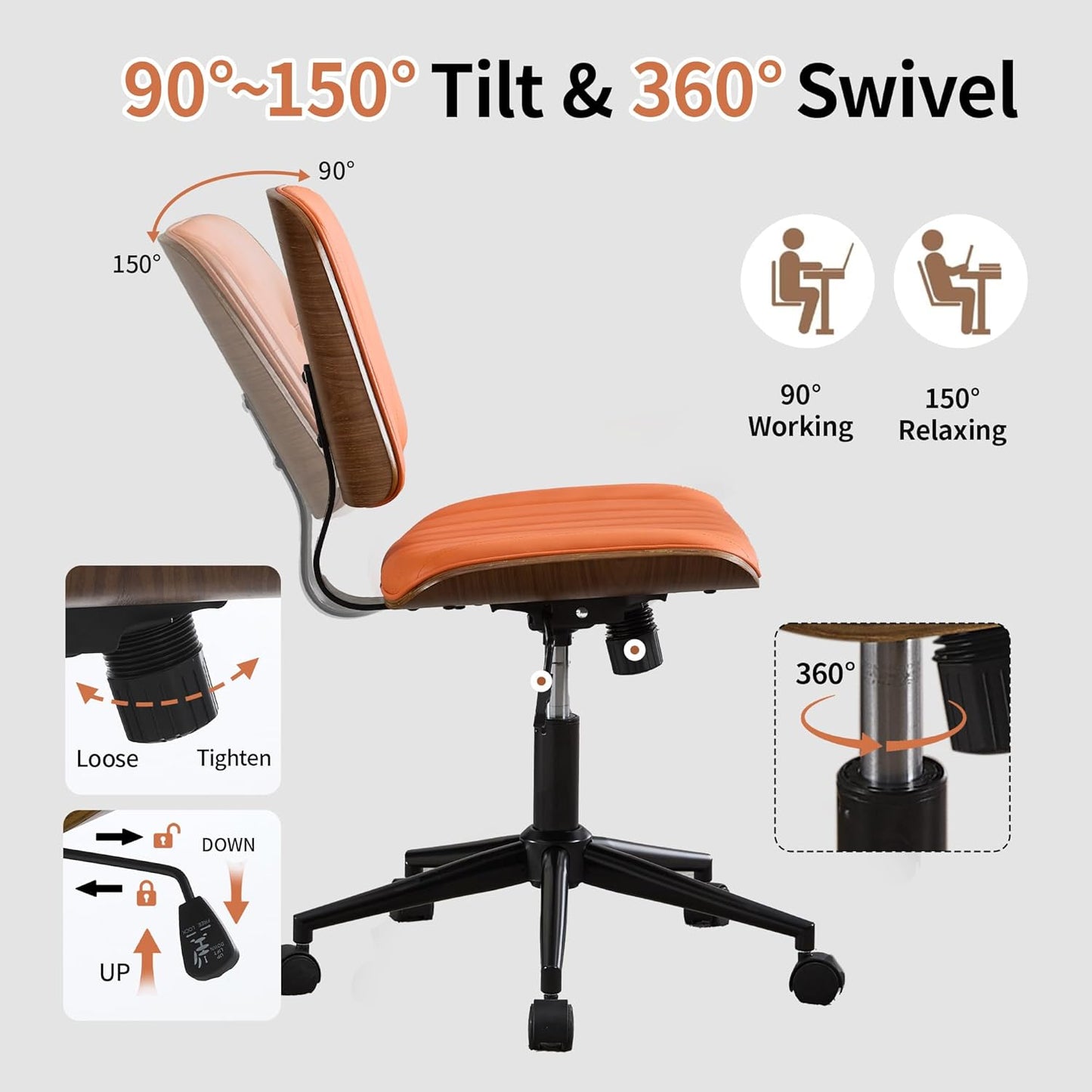 Small Home Office Chair - Armless Mid Back Desk Chair with 360° Swivel and Wheels, PU Upholstered Height Adjustable Modern Walnut Computer Chair for Home, Office Meeting Room - Orange
