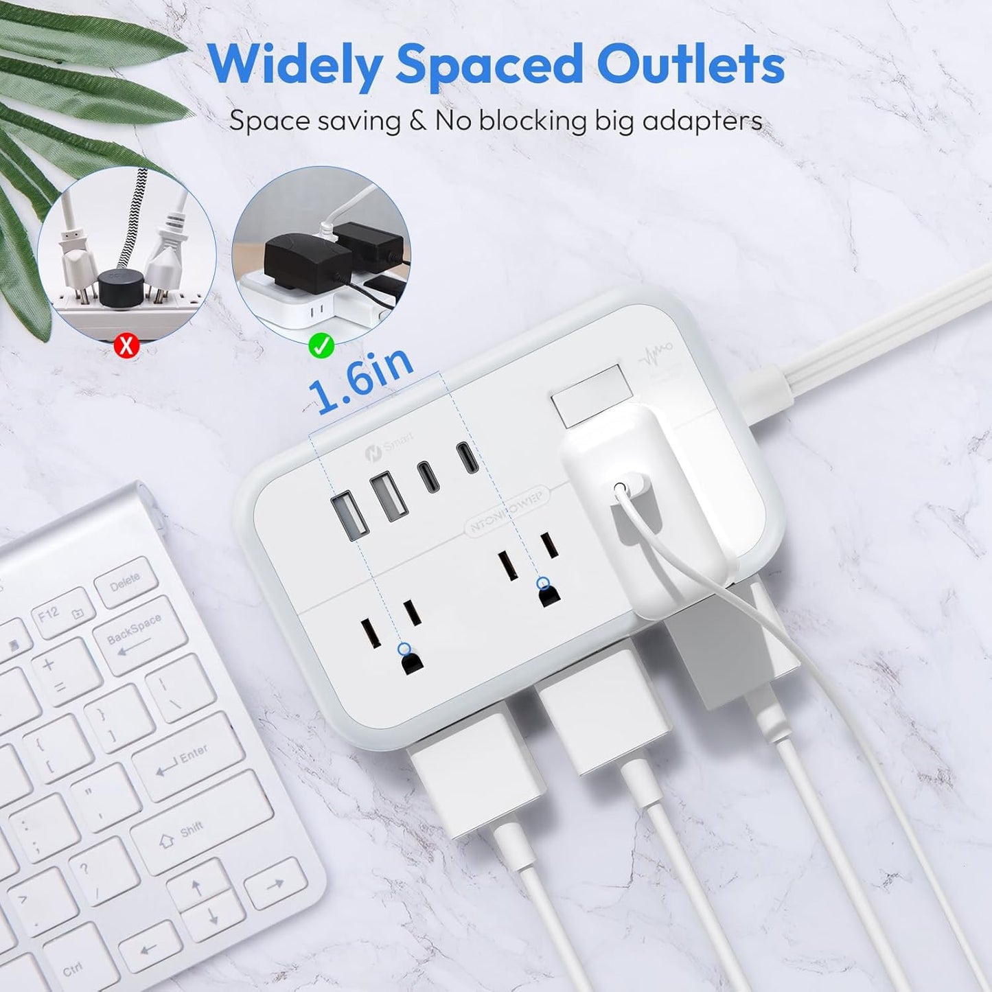 NTONPOWER Surge Protector Power Strip with 6 Outlets 4 USB Charging Station(2 USB C Port), 5 Ft Flat Plug Extension Cord, Outlet Extender for Indoor, Home, Office Supplies, Dorm Room Essentials