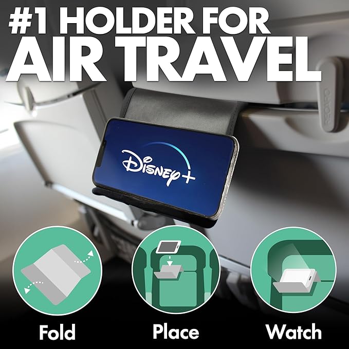 Folden Airplane Phone Holder, Flexible Cell Phone Holder, Folding Cellphone Stand for Desk, Bed, Office, Treadmill - Airplane Gadgets for Long Travel Accessories - Plane Essentials (Vegan Leather)