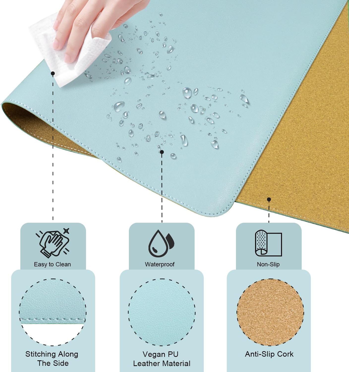 Large Desk Pad 35.4" x 17", Non-Slip Desk Mat with PU Leather & Natural Cork, Waterproof Writing Desk Natural Cork, Computer Mat Desk Protector for Office Home, Light Blue