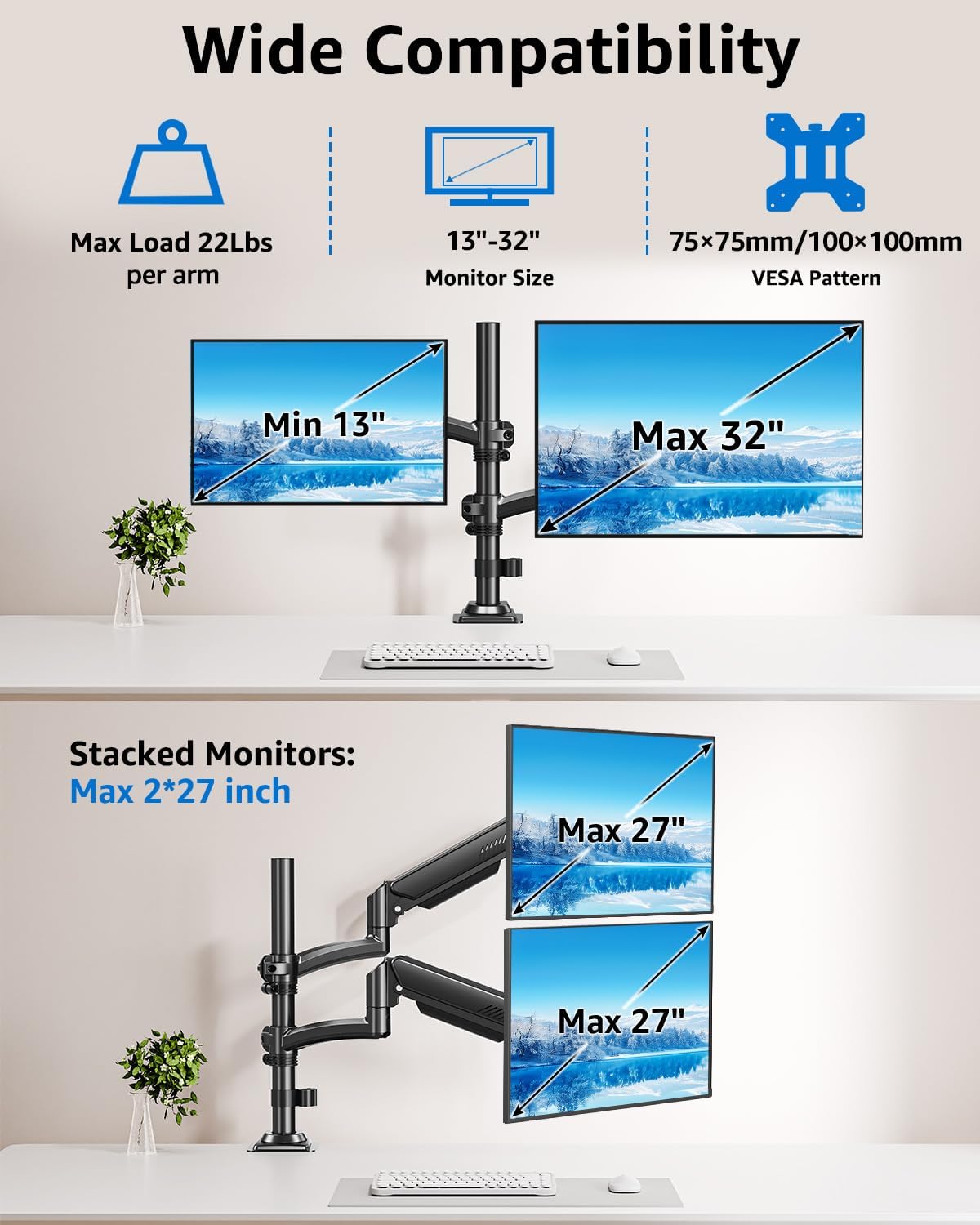 Dual Monitor Stand Holds 4.4-22 lbs Each, Dual Monitor Mount Height up to 26.6 inch, Gas Spring Monitors Arm for Max 32 inch Computer, VESA Mount with C-clamp & Grommet Mounting, Freelift Black
