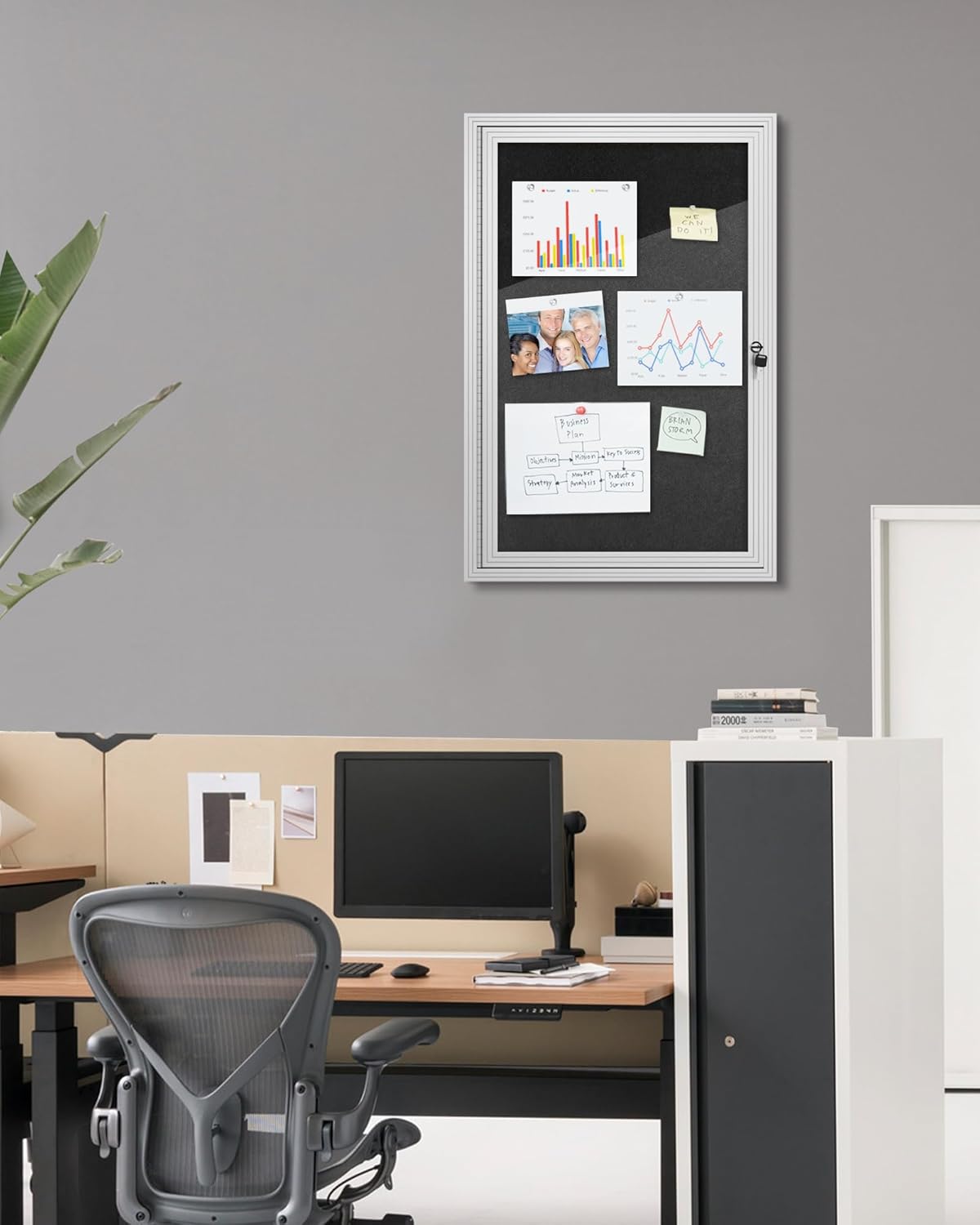 36"x24" Enclosed Bulletin Board, Outdoor Lockable Weather-Resistant Aluminum Cork Noticeboard for School & Office, Silver Frame w/Black Flet