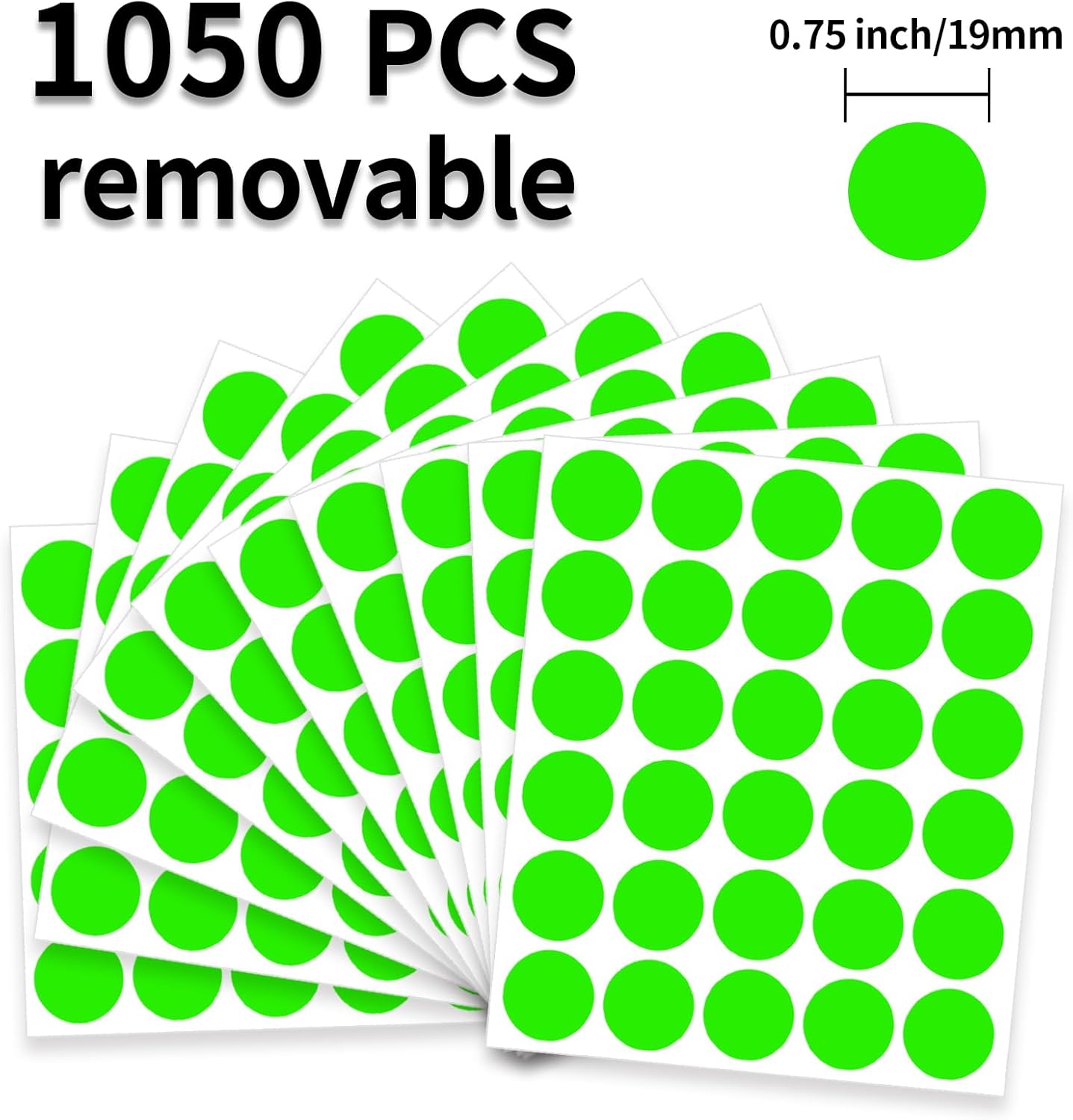 0.75 Inch Round Label Removable Color Code Dot Stickers,Garage Sale Sticker Price Tags Blank Yard Sale Circle Dot Stickers Writable (1050 Pack,Fluorescent Green)