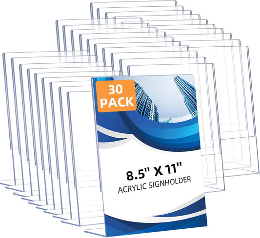 30 Pack Acrylic Sign Holder 8.5 x 11, Clear Plastic Display Stands for Tabletop, L-Shape Acrylic Stands for Flyers, Documents, Office, Restaurants, Vertical Sign Holder 8.5x11 for Desktop