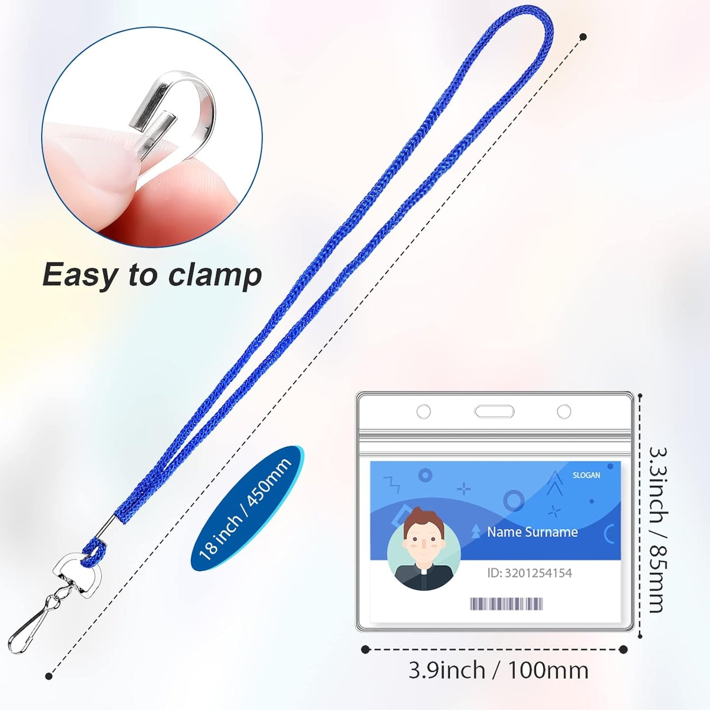 100Pcs Clear Plastic Horizontal Name Tag Badge ID Card Holders and 100Pcs Blue Neck Lanyards with Swivel Hook for School, Office, Business