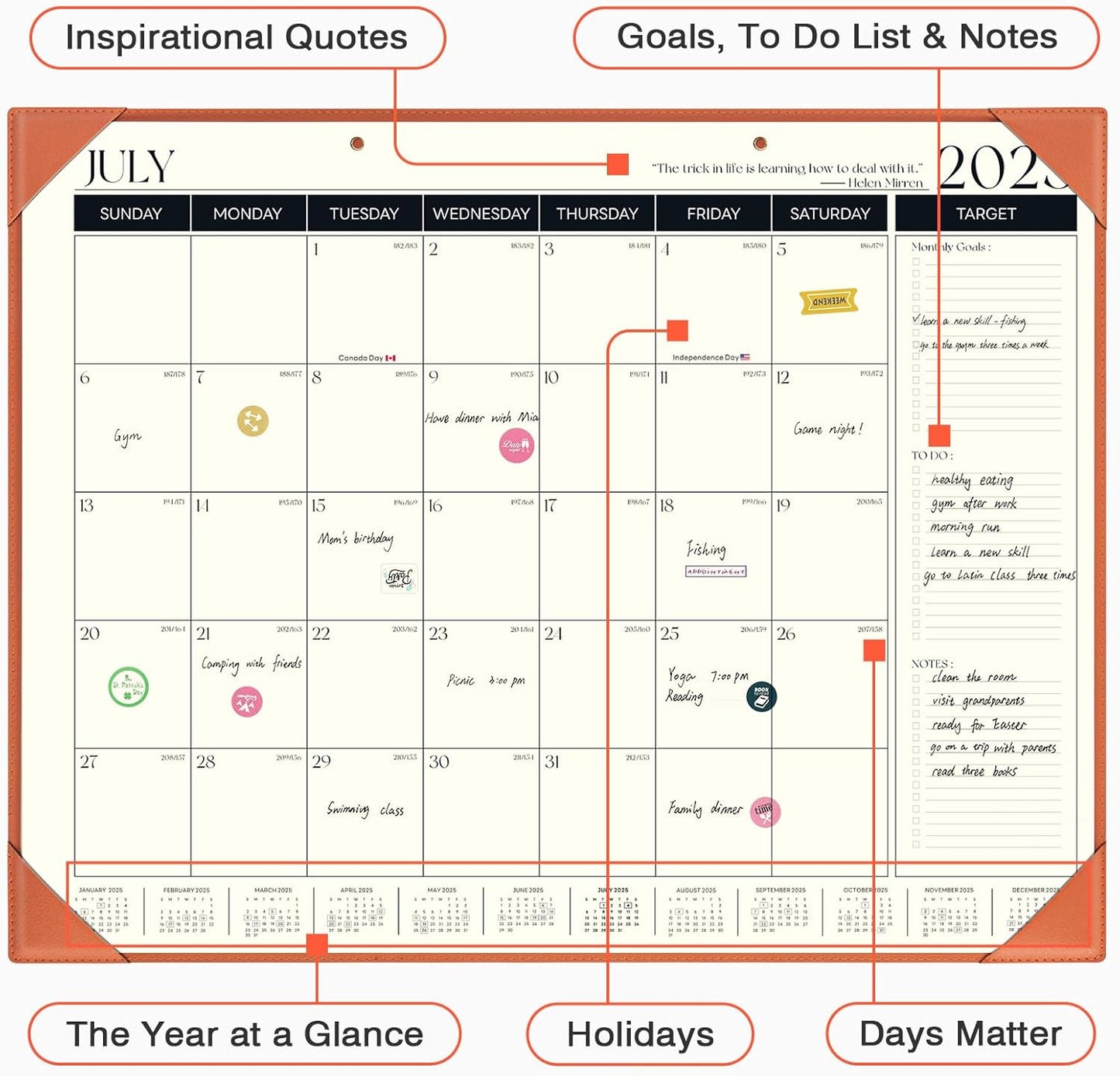 Ospelelf Large Desk Calendar 2025-2026 with Protective Cover, 18 Months Planner Pad from July 2025 to Dec 2026, 22" x 17" Wall Calendar with PU Leather Pad for Home or Office, Orange