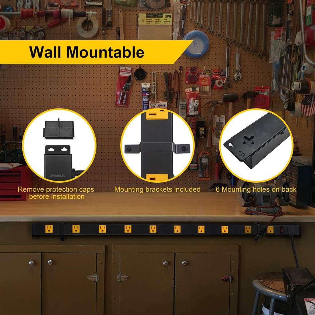 SURAIELEC 10 Outlet Long Power Strip Surge Protector, Industrial Heavy Duty Metal Shop Power Strip Flat Plug, 1000 Joules, 15 A Breaker, 6FT Cord, Wall Mountable, for Work Bench, Shop, Garage, 2 Pack