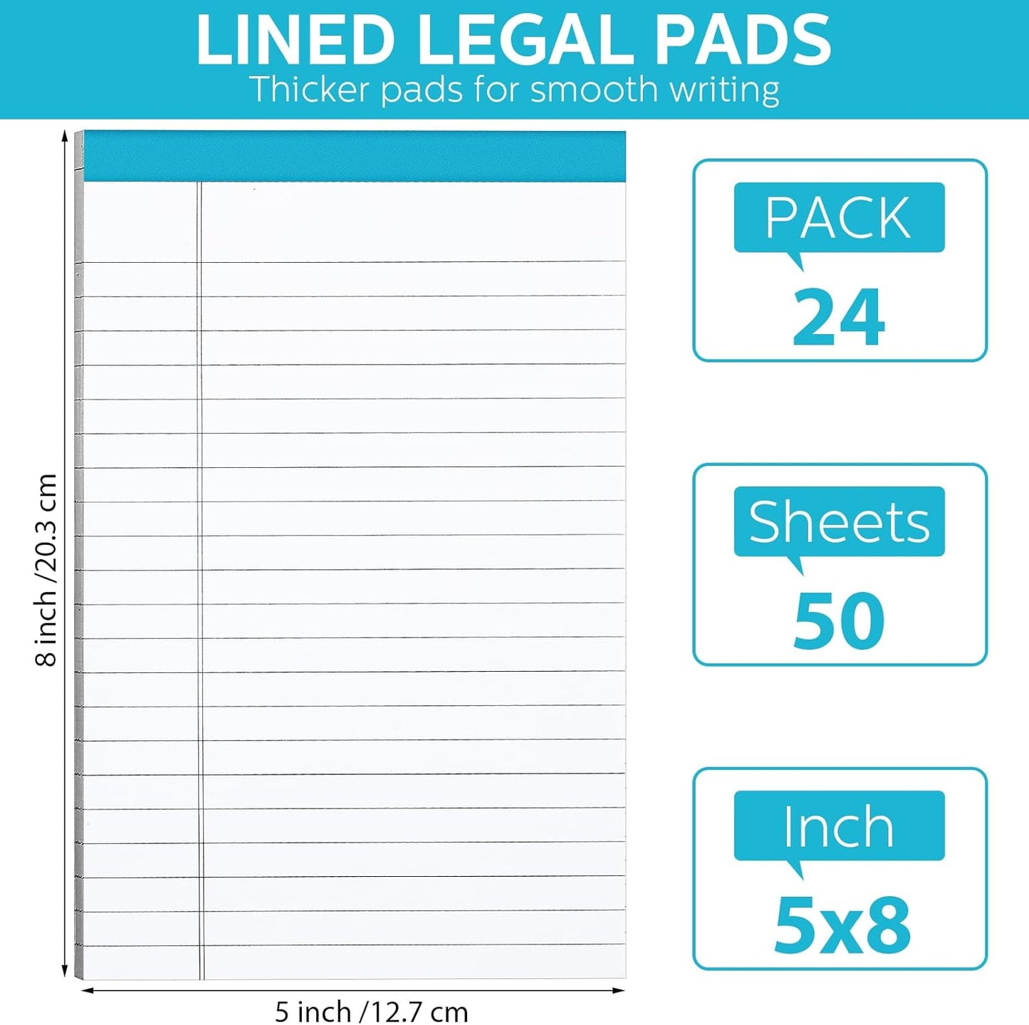 Colarr 24 Pack Legal Pads 5 x 8 Inches Lined Notepads 50 Sheets Wide Ruled Writing Pads for School College Office Business