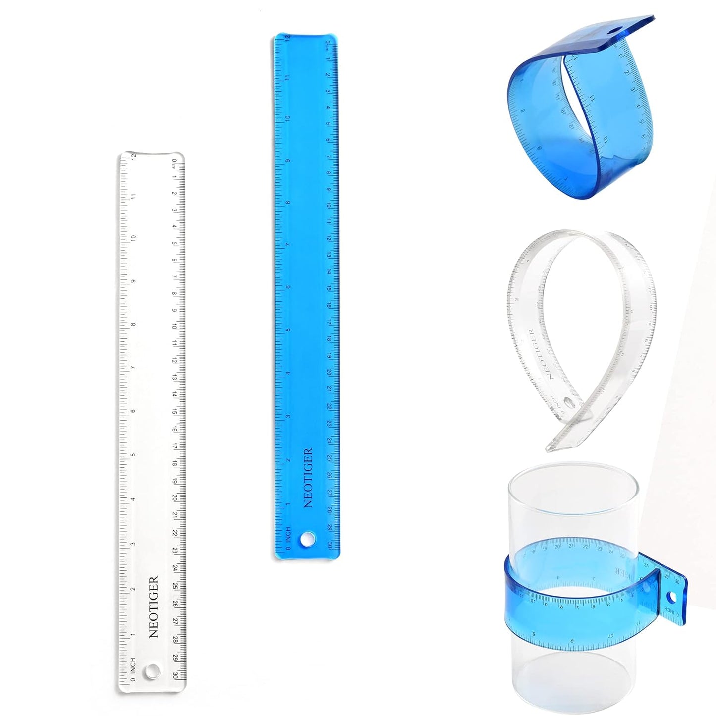 Flexible Shatterproof Bendable Unbreakable Safe Soft Transparent Clear Plastic Straight Flat Ruler, 30 cm/12 inch. Set of 2, Clear and Blue, for Home, School, Office, for Kids and Adults