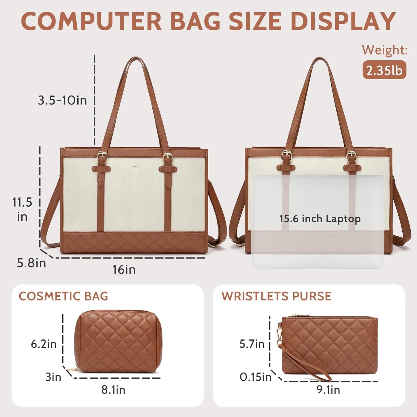 Keyli 3pcs Laptop Bag for Women,15.6 Inch Canvas Tote Bag Work Bags Large Business Computer Briefcase Shoulder Handbag Purse